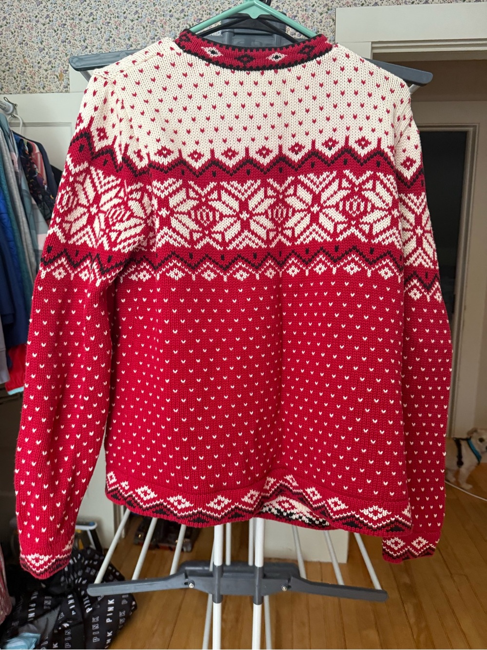 L.L. Bean Red and Cream Fair Isle Button-Up Cardigan - Picture 2 of 7